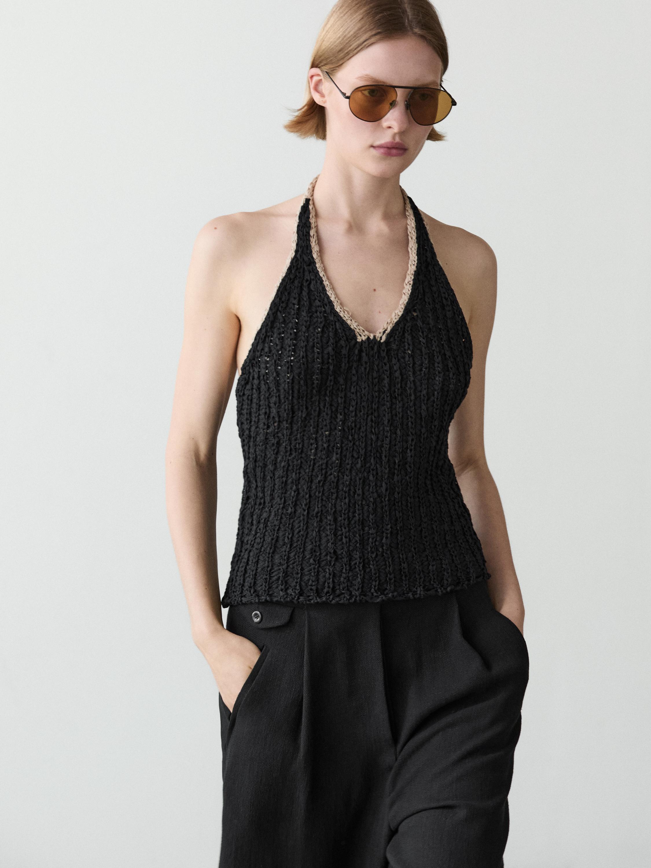 Contrast knit halter top